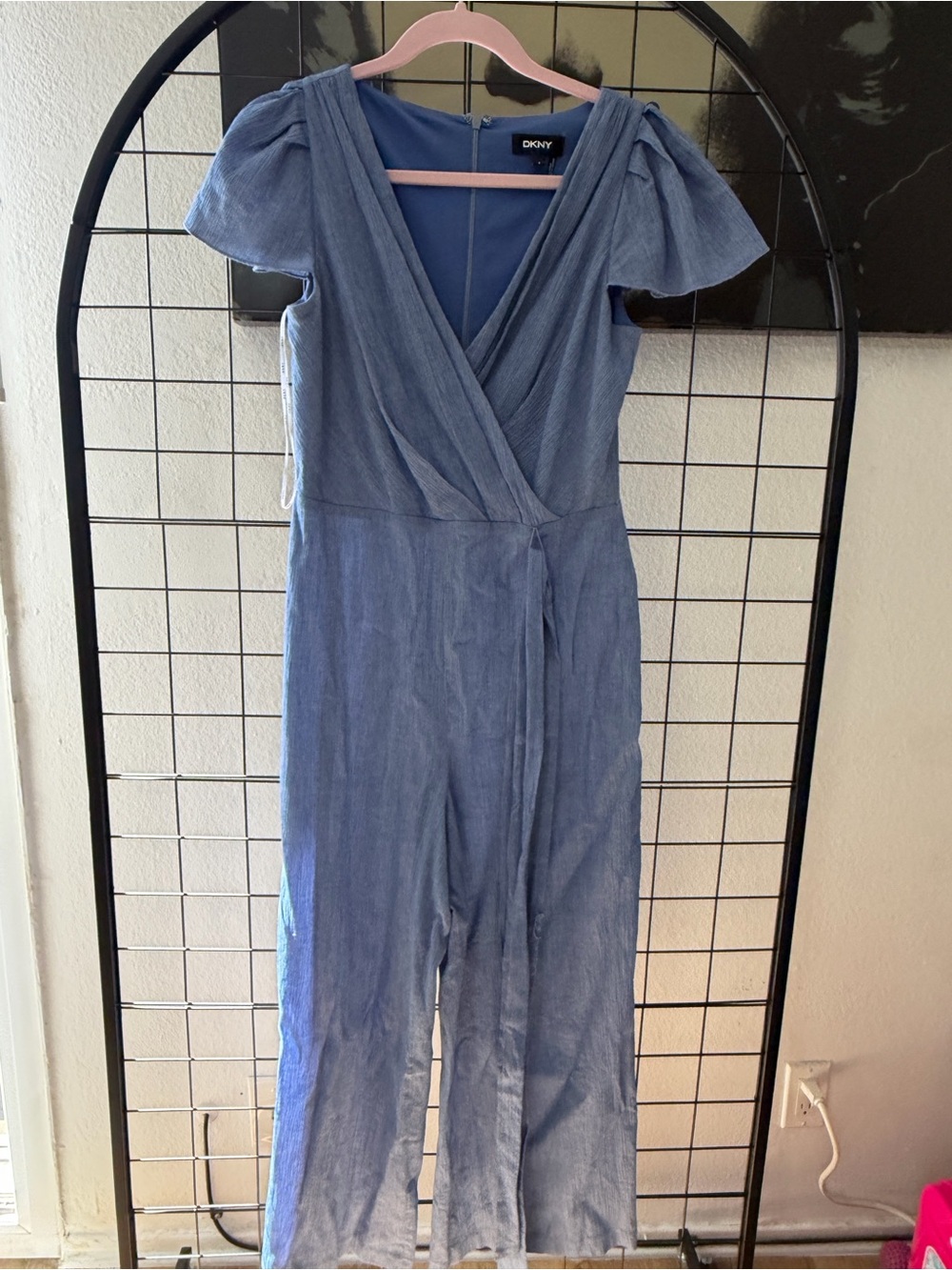 DKNY Dusty Blue Wrap-Front Jumpsuit with Tie Waist